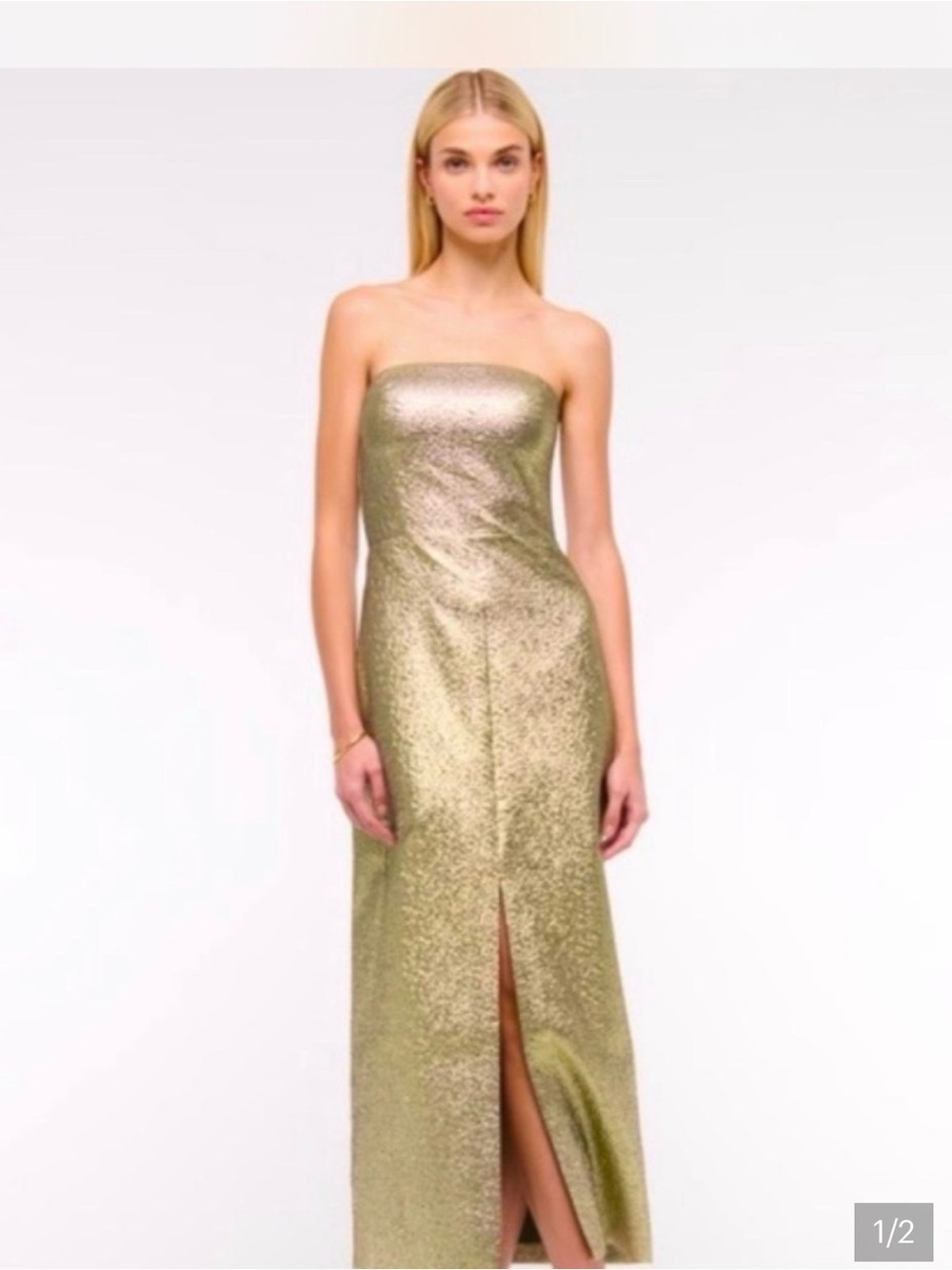 Abercrombie & Fitch Metallic Gold Strapless Midi Dress with Center Slit